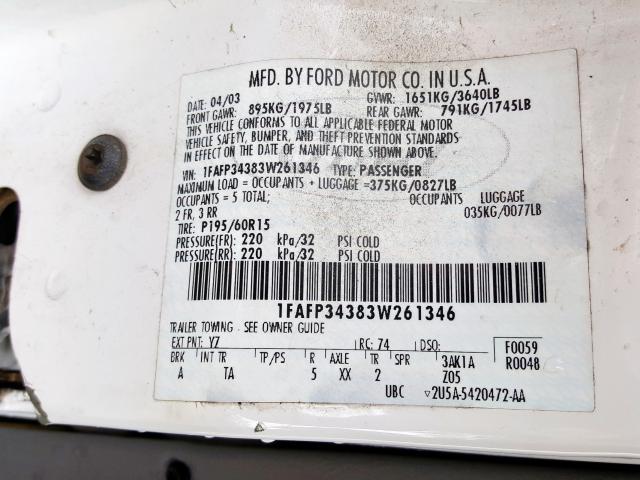 1FAFP34383W261346 - 2003 FORD FOCUS SE COMFORT  photo 10