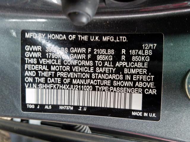 SHHFK7H4XJU211020 - 2018 HONDA CIVIC SPORT  foto 10