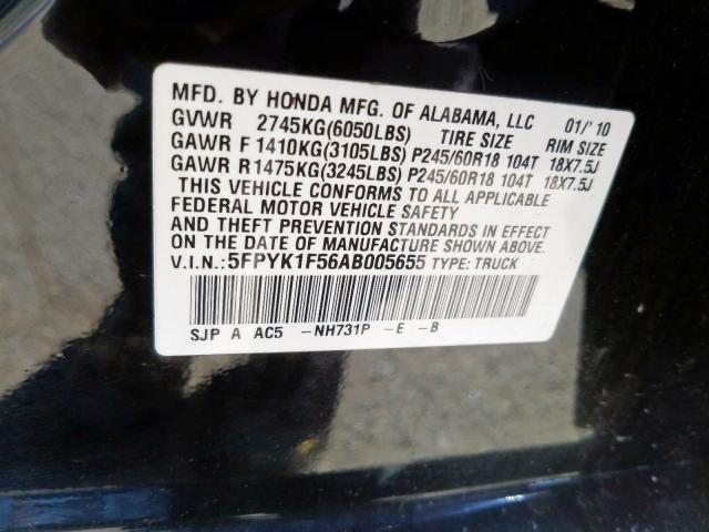 5FPYK1F56AB005655 - 2010 HONDA RIDGELINE RTL  photo 10