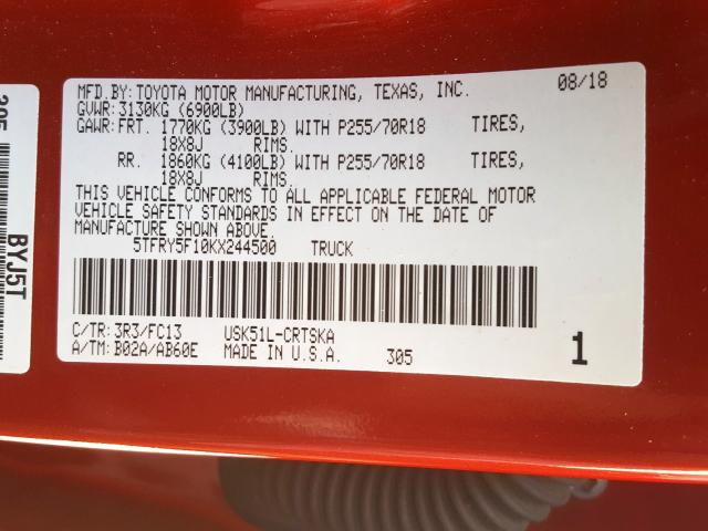 5TFRY5F10KX244500 - 2019 TOYOTA TUNDRA DOUBLE CAB SR/SR5  photo 10