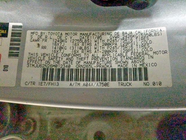 3TMJU62N26M012340 - 2006 TOYOTA TACOMA DOUBLE CAB PRERUNNER  photo 10