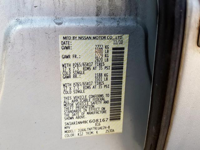 5N1AR1NN4BC608167 - 2011 NISSAN PATHFINDER S  photo 10