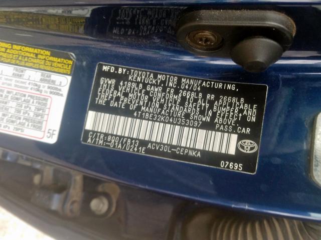 4T1BE32K04U353097 - 2004 TOYOTA CAMRY LE  photo 10