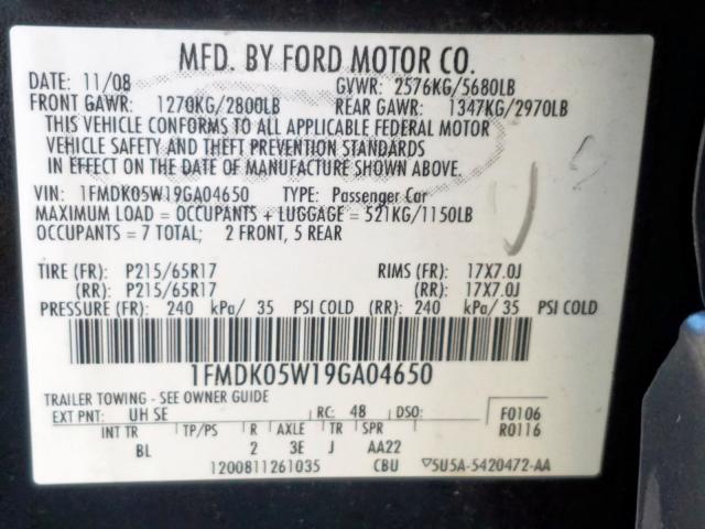 1FMDK05W19GA04650 - 2009 FORD TAURUS X SEL  photo 10