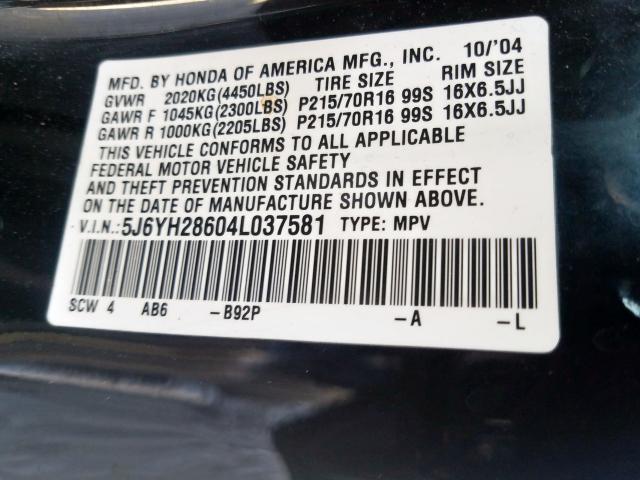 5J6YH28604L037581 - 2004 HONDA ELEMENT EX  photo 10