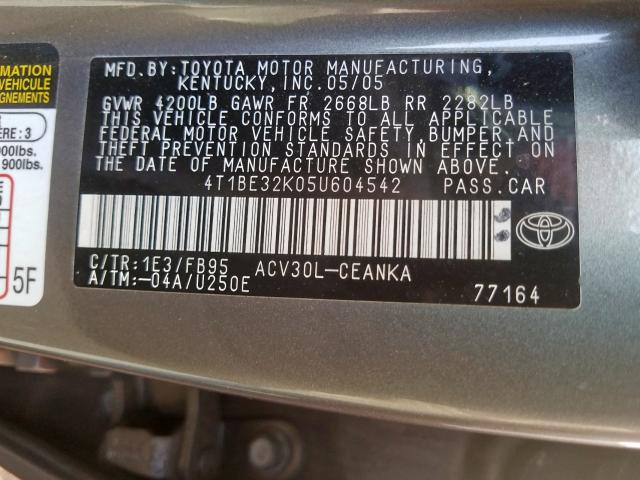 4T1BE32K05U604542 - 2005 TOYOTA CAMRY LE  photo 10