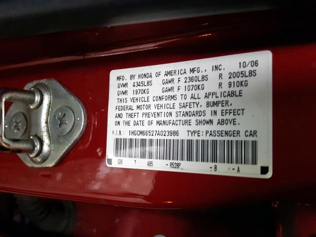 1HGCM66527A023986 - 2007 HONDA ACCORD EX  photo 10