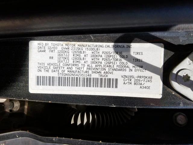 5TEGN92N54Z351148 - 2004 TOYOTA TACOMA DOUBLE CAB PRERUNNER  photo 10