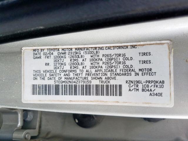 5TEGM92N34Z379159 - 2004 TOYOTA TACOMA DOUBLE CAB PRERUNNER  photo 10