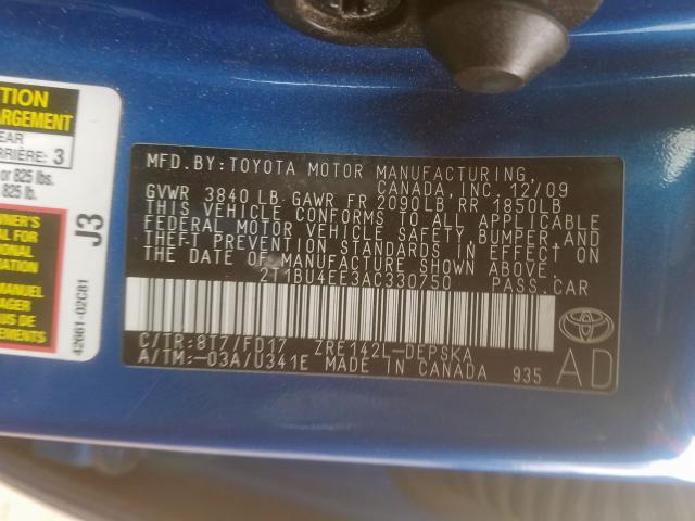 2T1BU4EE3AC330750 - 2010 TOYOTA COROLLA BASE  photo 10