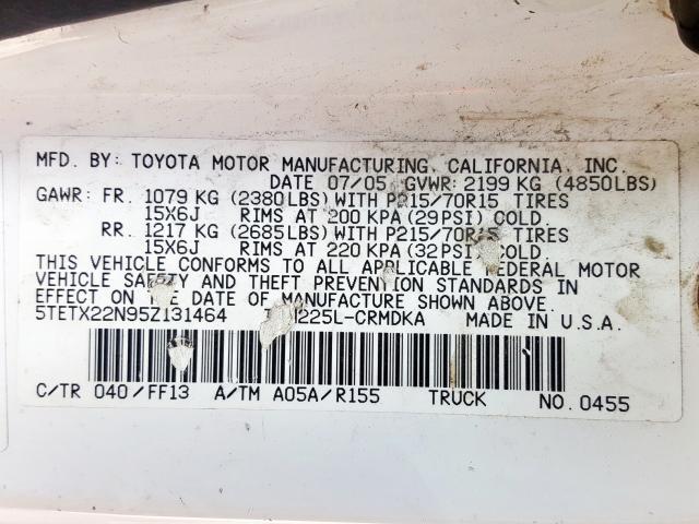 5TETX22N95Z131464 - 2005 TOYOTA TACOMA ACCESS CAB  ფოტო 10