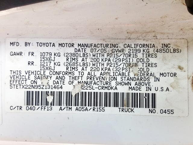 5TETX22N95Z131464 - 2005 TOYOTA TACOMA ACCESS CAB  photo 10