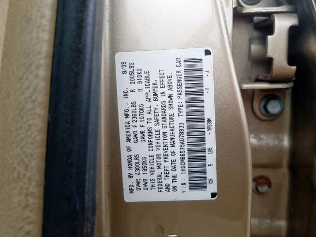 1HGCM66575A078933 - 2005 HONDA ACCORD EX  photo 10