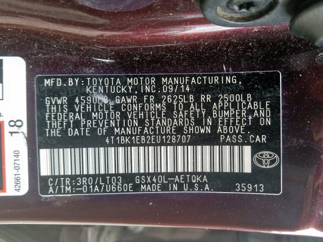 4T1BK1EB2EU128707 - 2014 TOYOTA AVALON BASE  照片 10