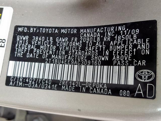 2T1BU4EE9AC309160 - 2010 TOYOTA COROLLA BASE  照片 10