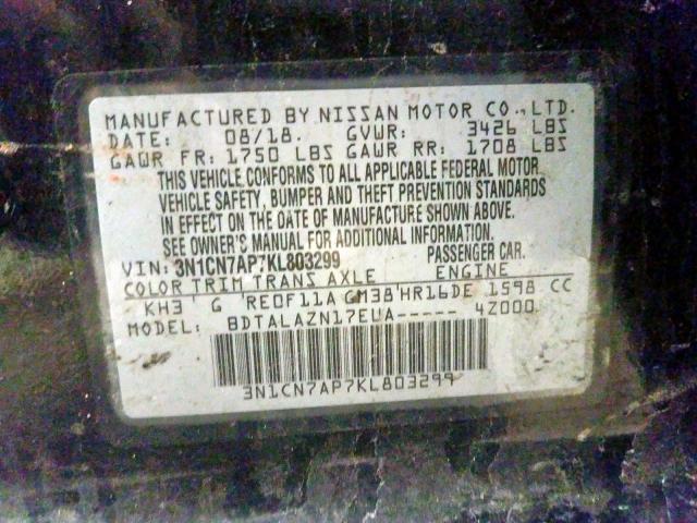 3N1CN7AP7KL803299 - 2019 NISSAN VERSA S  photo 10