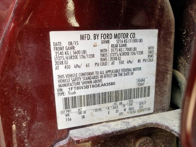 1FT8W3BT6GEA63580 - 2016 FORD F 350 SUPER DUTY MAROON photo 10