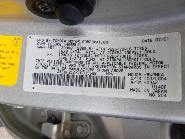 JTEHF21AX10035596 - 2001 TOYOTA HIGHLANDER  photo 10