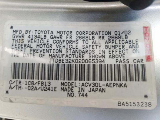 JTDBE32K020065394 - 2002 TOYOTA CAMRY LE  photo 10