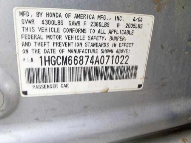 1HGCM66874A071022 - 2004 HONDA ACCORD EX  photo 10