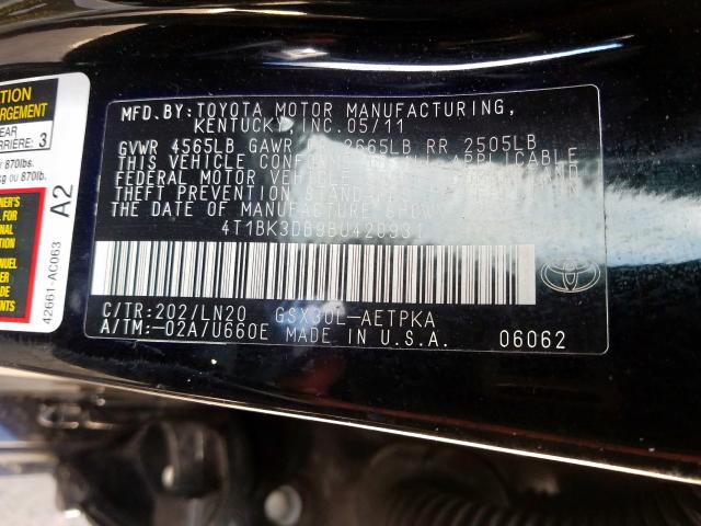 4T1BK3DB9BU420931 - 2011 TOYOTA AVALON BASE  照片 10