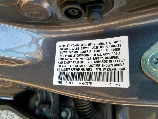 19XFB2F80FE047087 - 2015 HONDA CIVIC EX  photo 10