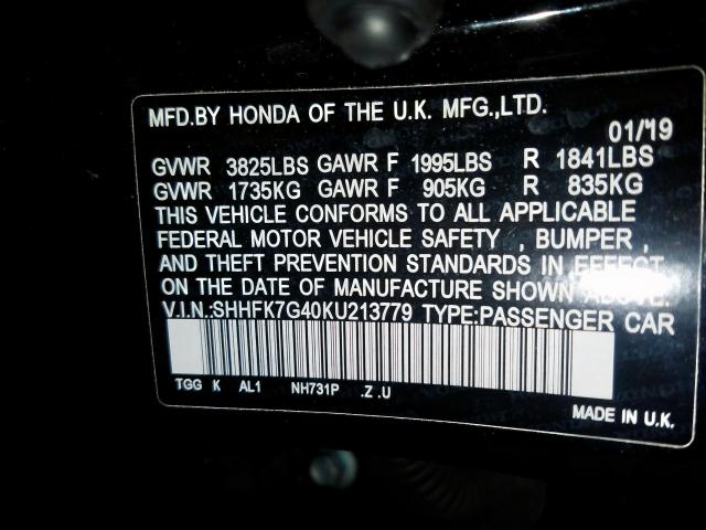 SHHFK7G40KU213779 - 2019 HONDA CIVIC SPORT  photo 10