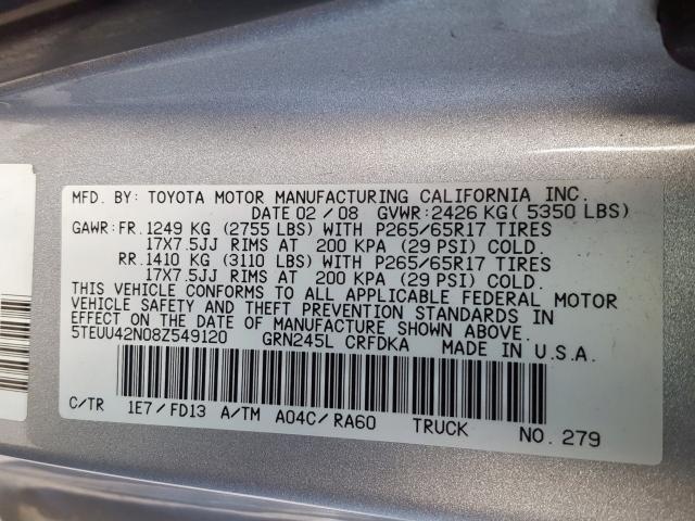 5TEUU42N08Z549120 - 2008 TOYOTA TACOMA ACCESS CAB  ფოტო 10