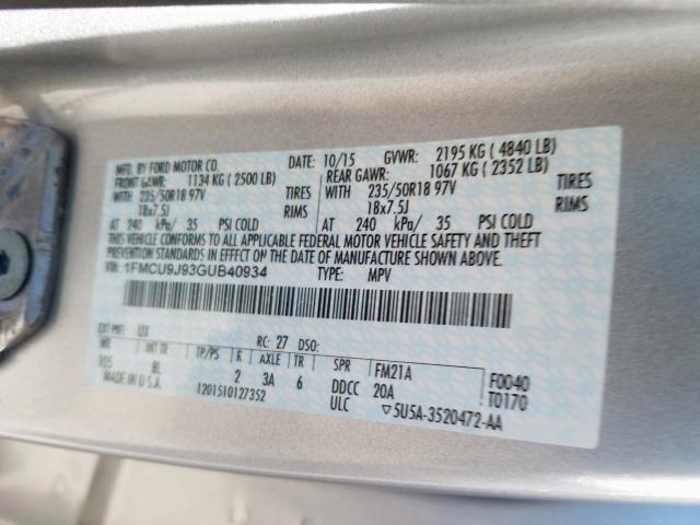 1FMCU9J93GUB40934 - 2016 FORD ESCAPE TITANIUM  photo 10