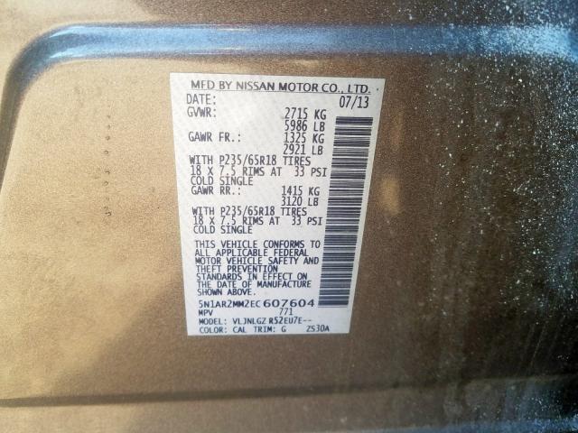 5N1AR2MM2EC607604 - 2014 NISSAN PATHFINDER S  صورة 10