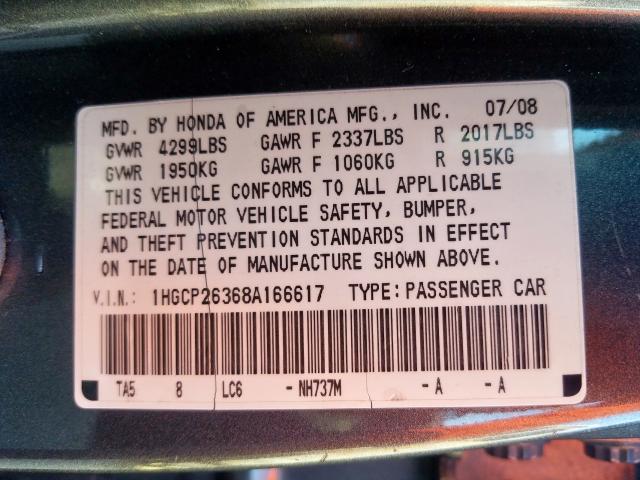 1HGCP26368A166617 - 2008 HONDA ACCORD LX  photo 10