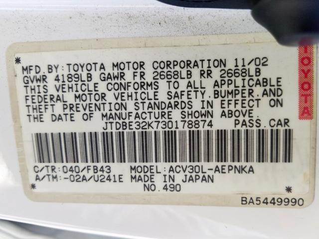 JTDBE32K730178874 - 2003 TOYOTA CAMRY LE  photo 10