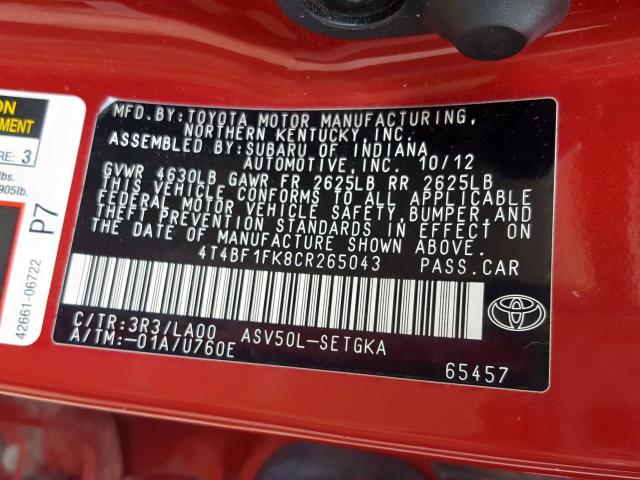 4T4BF1FK8CR265043 - 2012 TOYOTA CAMRY BASE  photo 10