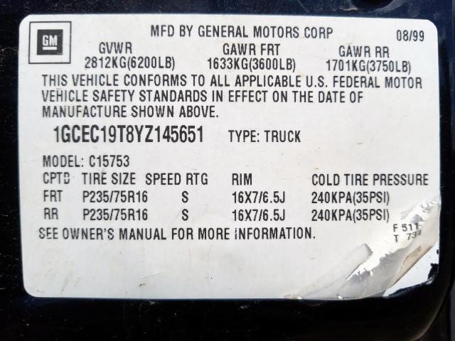 1GCEC19T8YZ145651 - 2000 CHEVROLET SILVERADO C1500  photo 10