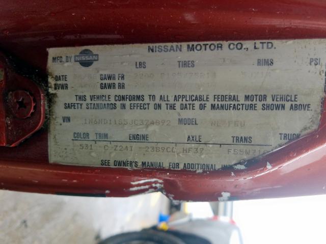 1N6ND11S5JC374892 - 1988 NISSAN D21 SHORT BED  photo 10
