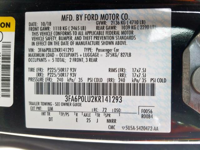 3FA6P0LU2KR141293 - 2019 FORD FUSION SE  photo 10