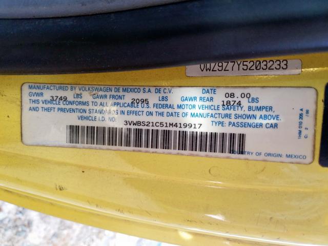 3VWBS21C51M419917 - 2001 VOLKSWAGEN NEW BEETLE GL  照片 10