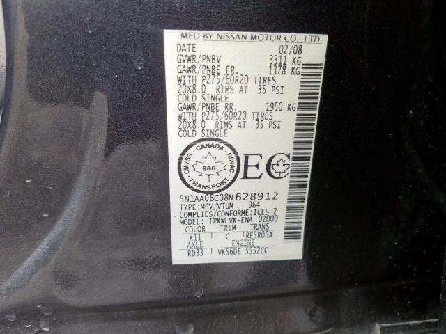 5N1AA08C08N628912 - 2008 NISSAN ARMADA SE  photo 10