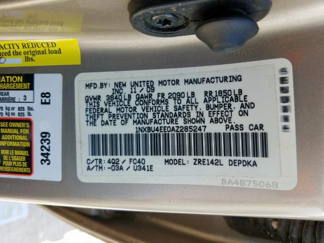 1NXBU4EE0AZ285247 - 2010 TOYOTA COROLLA BASE  photo 10