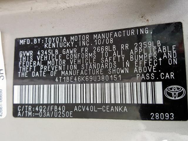 4T1BE46K69U380151 - 2009 TOYOTA CAMRY BASE  photo 10