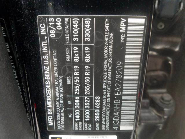 4JGDA5HB1EA278209 - 2014 MERCEDES-BENZ ML 350 4MATIC  photo 10