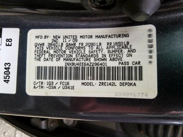 1NXBU4EE6AZ296401 - 2010 TOYOTA COROLLA BASE  photo 10