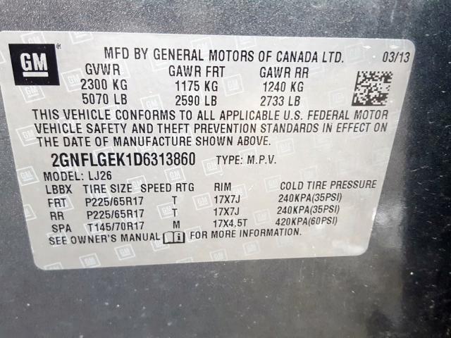 2GNFLGEK1D6313860 - 2013 CHEVROLET EQUINOX LTZ  photo 10