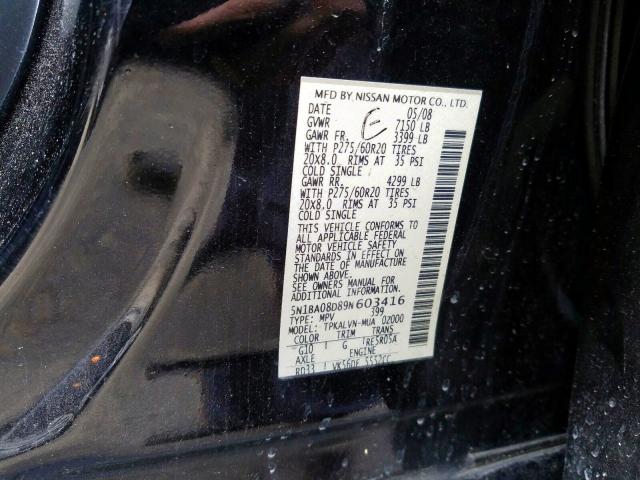 5N1BA08D89N603416 - 2009 NISSAN ARMADA SE  photo 10