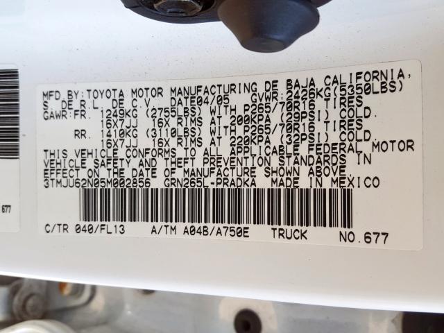 3TMJU62N05M002856 - 2005 TOYOTA TACOMA DOUBLE CAB PRERUNNER  photo 10