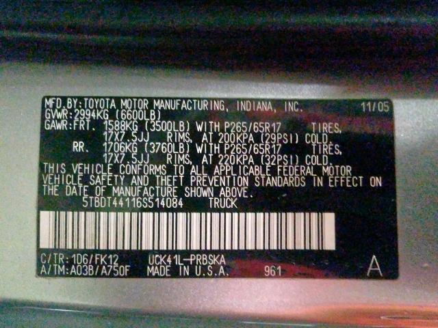 5TBDT44116S514084 - 2006 TOYOTA TUNDRA DOUBLE CAB SR5  photo 10