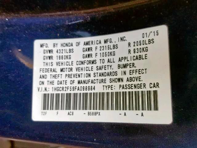 1HGCR2F59FA098984 - 2015 HONDA ACCORD SPORT  photo 10