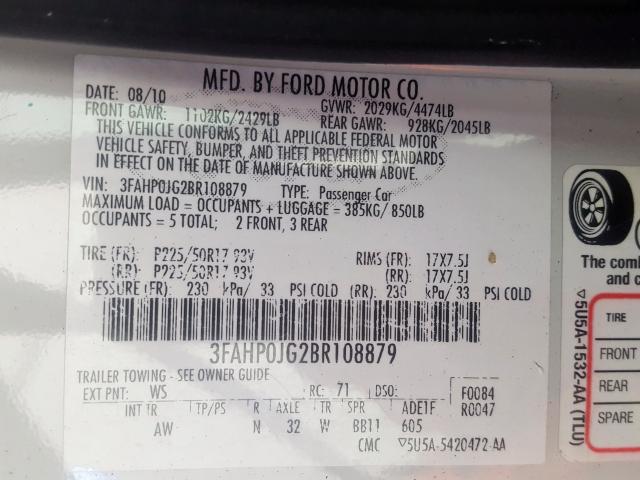 3FAHP0JG2BR108879 - 2011 FORD FUSION SEL  photo 10