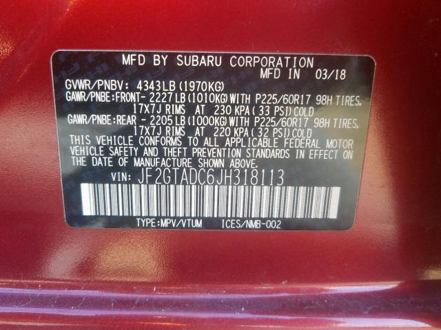 JF2GTADC6JH318113 - 2018 SUBARU CROSSTREK PREMIUM  լուսանկար 10