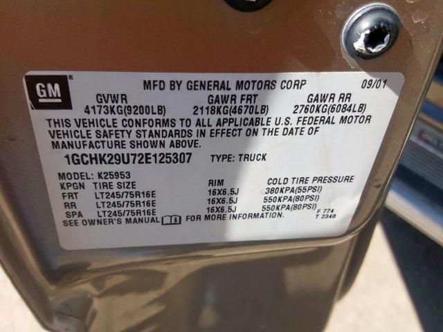 1GCHK29U72E125307 - 2002 CHEVROLET SILVERADO K2500 HEAVY DUTY  photo 10